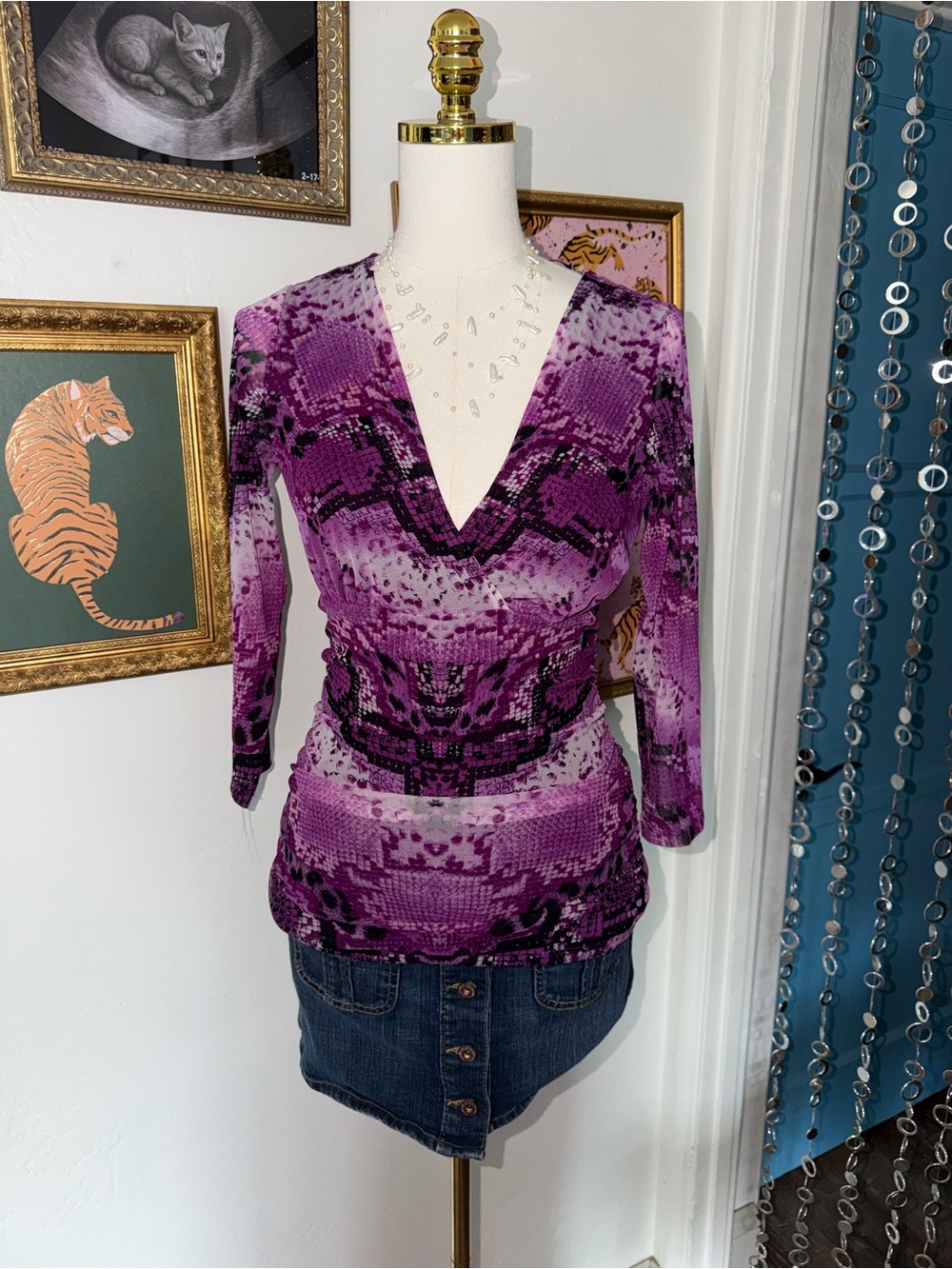 Vintage Y2K Purple Printed V-Neck Long Sleeve Top